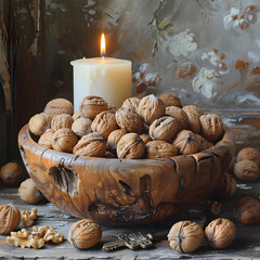 Fototapeta na wymiar REalistic photo of walnuts in wooden bowl with an oil candle and a key on table