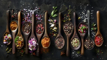 Tableau sur plexiglas Cuisine Wooden Spoons Filled with Colorful Spices and Herbs on Dark Background  © DVS