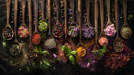 Crédence de cuisine Herbes Wooden Spoons Filled with Colorful Spices and Herbs on Dark Background  © DVS
