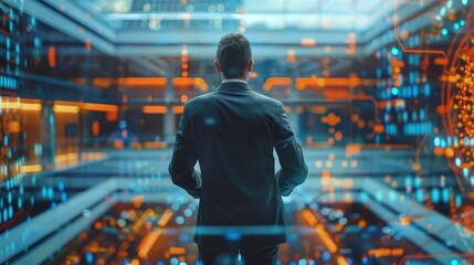 A businessman who combines IT consulting with a global network, efficiency and competitiveness, IT solutions and strategic guidance. Generative AI.