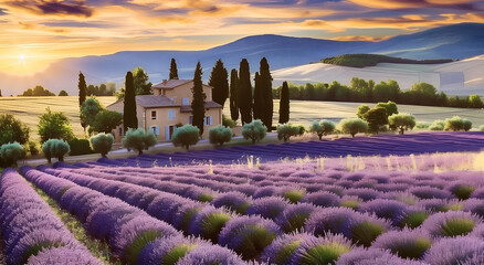 French lavender flowers field, traditional house and mountains at sunset. - obrazy, fototapety, plakaty