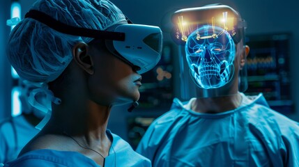 Man and Woman in Surgical Room With Glowing Skull - obrazy, fototapety, plakaty