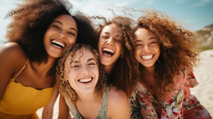 Obraz premium Four women with curly hair are smiling and posing for a picture on a beach
