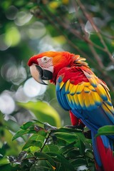 colorful macaw, red with yellow and blue feathers, perched on the edge of its tree throne in lush green foliage.