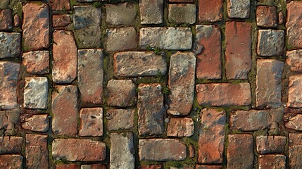 A seamless texture of a brick sidewalk. The bricks are red and brown, and vary in size and shape.