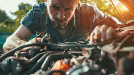 a close-up of a car mechanic with a scared face, holding a car engine in his hands - obrazy, fototapety, plakaty