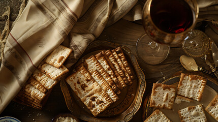 Passover background with matzo, wine, and an old seder plate , Passover holiday celebration concept - obrazy, fototapety, plakaty