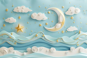 Good night and sweet dreams banner. Fluffy clouds on dark sky background with gold moon and stars. - obrazy, fototapety, plakaty