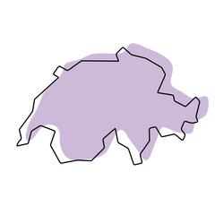 Switzerland country simplified map. Violet silhouette with thin black smooth contour outline isolated on white background. Simple vector icon