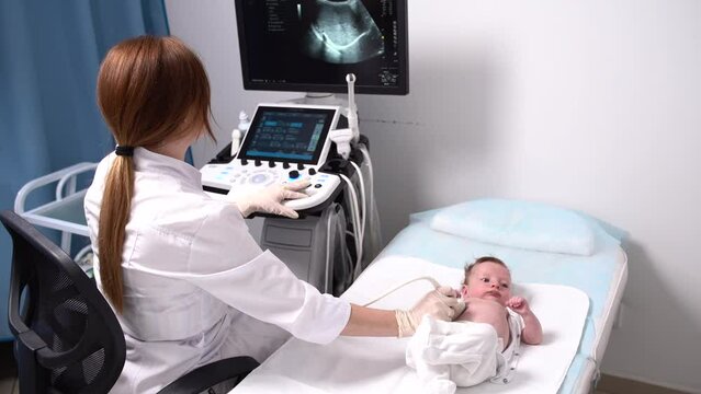 A female doctor conducts an ultrasound examination of soft tissues and internal organs of a newborn boy using modern medical equipment in the clinic. Pediatrics and child development monitoring