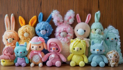 Creative concept children toy or hobby interest composition. Many cute crocheted knitted dolls animals toys isolated.