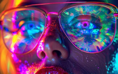 A colorful hologram implemented in augmented reality is reflected in the glasses worn by the woman.