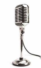 Classic silver vintage microphone isolated on a white backdrop, capturing a retro music concept and audio recording theme.