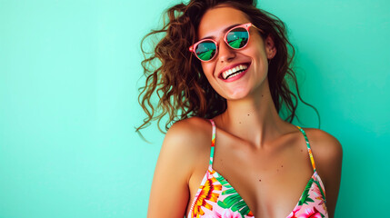 Summer fashion portrait of young woman wearing hawaiian dress over green background. Colourful summer style portrait with empty space for text or product presentation.