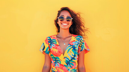 Summer fashion portrait of young woman wearing hawaiian dress over yellow background. Colourful summer style portrait with empty space for text or product presentation.