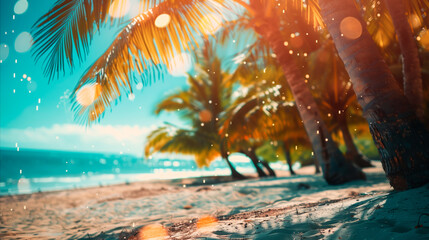 Fototapeta na wymiar Summer background for text or product presentation. Nature of tropical beach with sun rays and palm leafs. Golden sun beach close up.