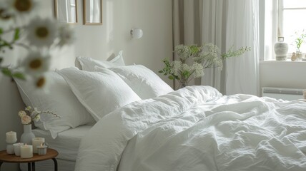 rest, interior, comfort and bedding concept - bed at home bedroom