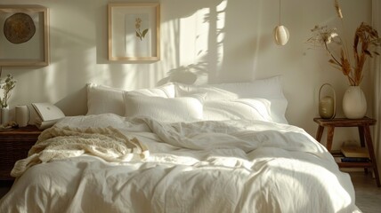 rest, interior, comfort and bedding concept - bed at home bedroom