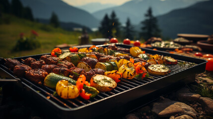 Have fun grilling outdoors. Picnic with friends In the atmosphere of rivers and natural forests - obrazy, fototapety, plakaty