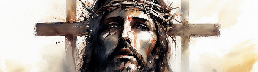 Watercolour painting of the Crucifixion of Jesus Christ on the crucifix cross before ascending to Heaven to be with God celebrated as Easter Good Friday, stock illustration image
