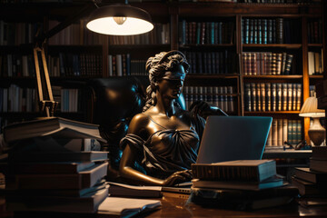 Lady Justice statue in a lawyer office, working desk with laptop, lamp and legal books - obrazy, fototapety, plakaty