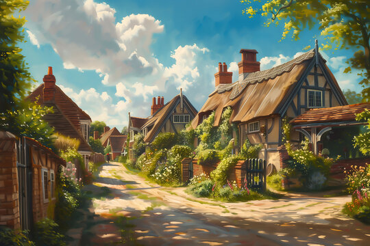 Watercolour oil painting of an old fashioned quintessential English country village in a rural landscape setting with an Elizabethan Tudor thatched cottage, stock illustration image