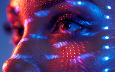 A close-up of the graphics printed on the screen reflected on the woman's face.