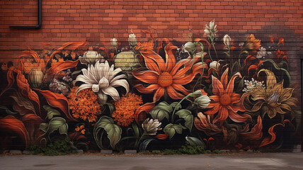  Intricate floral designs merging seamlessly with urban tags, breathing life into the rugged facade of a brick wall
