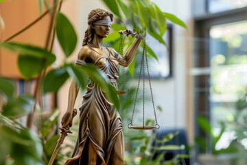 Lady Justice stands among greenery, a blend of nature and law