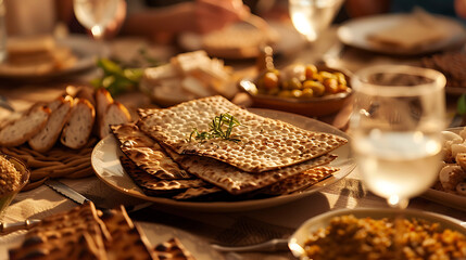 Jewish matzah bread on the table, Passover holiday celebration concept, Closeup - obrazy, fototapety, plakaty