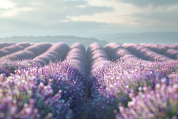 A panoramic view capturing the beauty of a blooming lavender field in full bloom.
