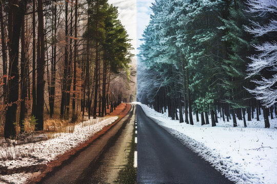 Combining images of winter and summer seasons on the road visually depicts the transition from snowy to sunny conditions, illustrating the changing seasons and weather.