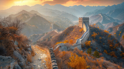 the great wall of china is surrounded by mountains and trees in autumn