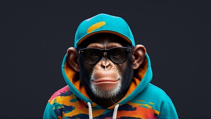 portrait of a chimp , chimpanzee in sunglasses, funny monkey with glasses, monkey wearing a sweatshirt