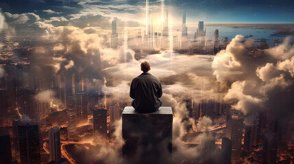 A man looking down on a big city from above. Generative AI.