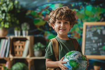 boy holding globe, environment education