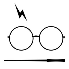 Obraz premium Young Modern Wizard Glasses and Wand Icon Vector Illustration 