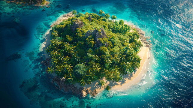 Aerial view of a lush tropical island surrounded by turquoise waters, teeming with coral reefs