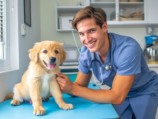 Man in Scrubs Petting Puppy on Table