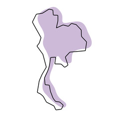 Thailand country simplified map. Violet silhouette with thin black smooth contour outline isolated on white background. Simple vector icon