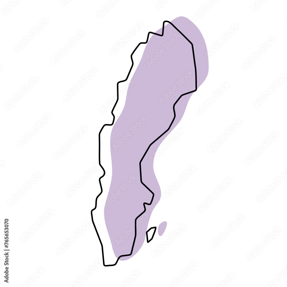 Wall mural Sweden country simplified map. Violet silhouette with thin black smooth contour outline isolated on white background. Simple vector icon