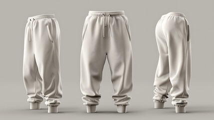 Front back and side view of sweatpants moxkup fashion piece of clothing, grey background,  - obrazy, fototapety, plakaty