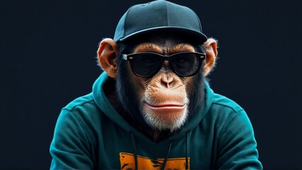 portrait of a chimp , chimpanzee in sunglasses, funny monkey with glasses, monkey wearing a sweatshirt