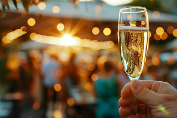 Sparkling Champagne Toast at Sunset Party - obrazy, fototapety, plakaty