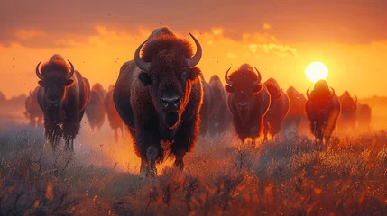 Zelfklevend Fotobehang Buffalo herd arriving at dusk their shapes eye-catching in the f © Pui
