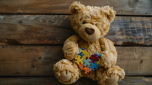 A teddy bear holding heart made of jigsaw puzzles on a wooden background with copy space, Autism Awareness Day Concept