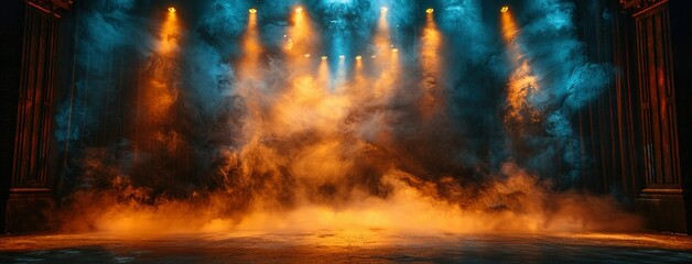 Theater stage light background with spotlight illuminated the stage for opera performance. Empty stage with warm ambiance colors, fog, smoke, backdrop decoration. Entertainment show