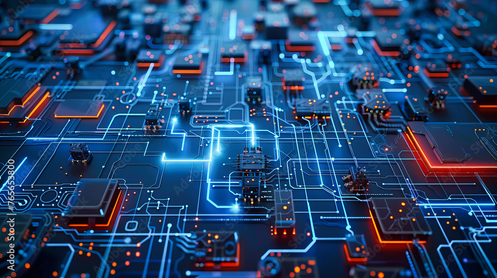 Poster motherboard and digital circuit, blue background in science and engineering, technology and informat