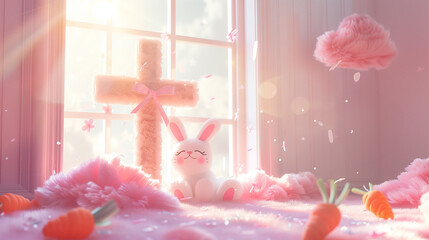 Fluffy white bunny with bright pastel religious symbols for easter in happy feeling. Orange carrots scattered around.