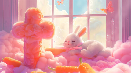 Fluffy white bunny with bright pastel religious symbols for easter in happy feeling. Orange carrots scattered around. - obrazy, fototapety, plakaty